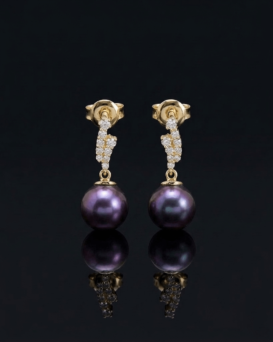 Bông tai Vàng Ngọc trai nuôi nước ngọt Aubergine Freshwater Cultured Pearl Gold Earrings by AME Jewellery