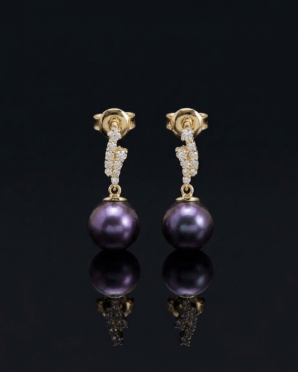 Bông tai Vàng Ngọc trai nuôi nước ngọt Aubergine Freshwater Cultured Pearl Gold Earrings by AME Jewellery