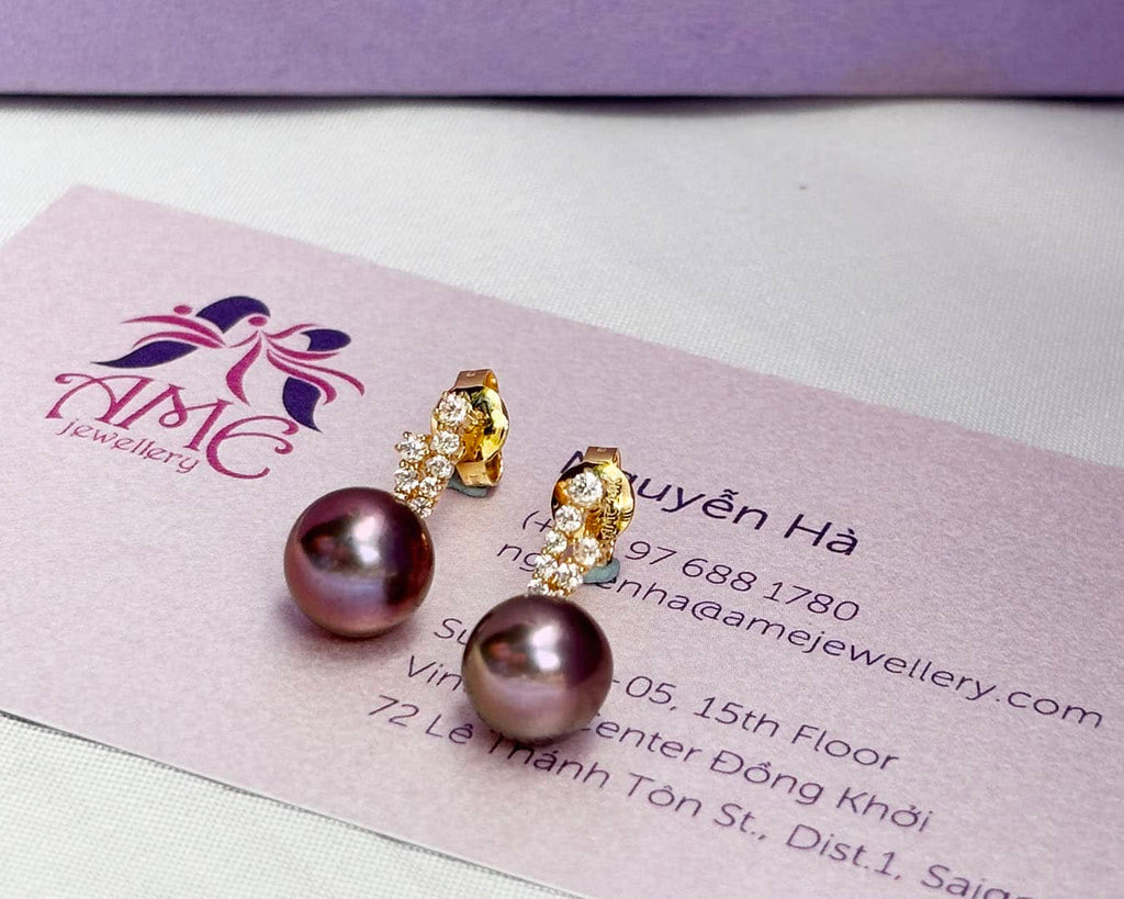 Bông tai Vàng Ngọc trai nuôi nước ngọt Aubergine Freshwater Cultured Pearl Gold Earrings by AME Jewellery