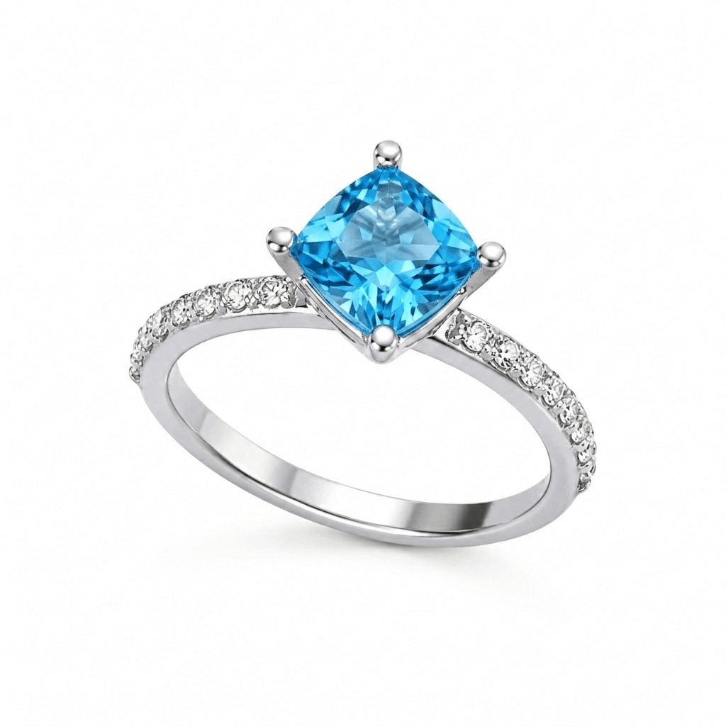 Bague en Topaze Bleue Naturelle Taille Coussin en Argent Sterling - AME Jewellery