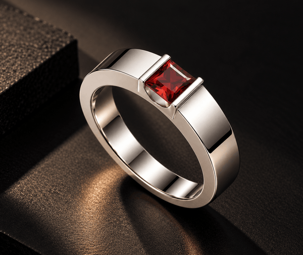 Bague homme en argent sterling et grenat rouge naturel taille carrée - AME Jewellery