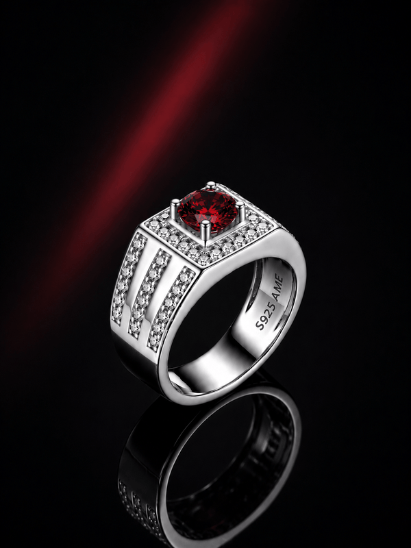 Bague pour homme en argent sterling et grenat rouge - AME Jewellery