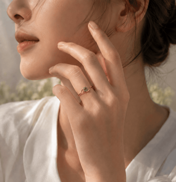 Natural Peridot Solitaire Twist Ring in 14K Rose Gold by AME Jewellery