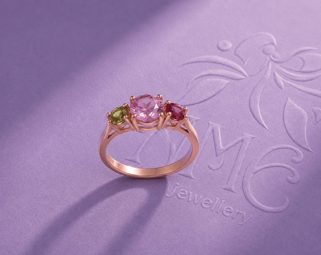 Bague en or rose 14K avec topaze rose taille ovale, rubis et péridot - AME Jewellery