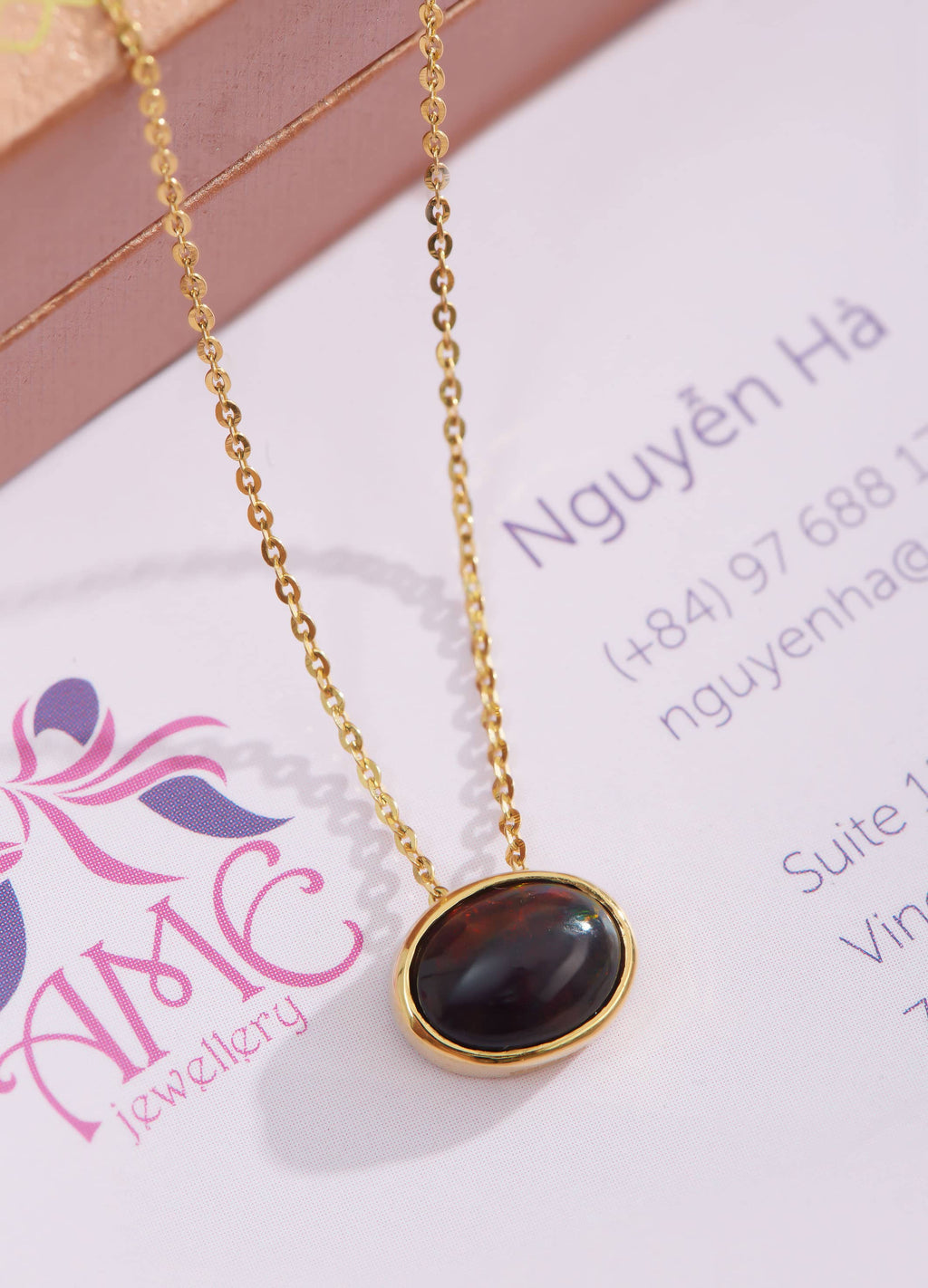 Mặt dây chuyền Vàng Đá quý tự nhiên Black Opal Bezel Pendant Necklace in 14K Yellow Gold by AME Jewellery