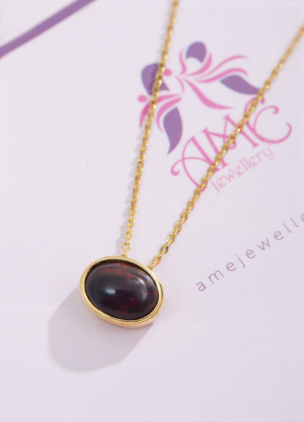 Mặt dây chuyền Vàng Đá quý tự nhiên Black Opal Bezel Pendant Necklace in 14K Yellow Gold by AME Jewellery