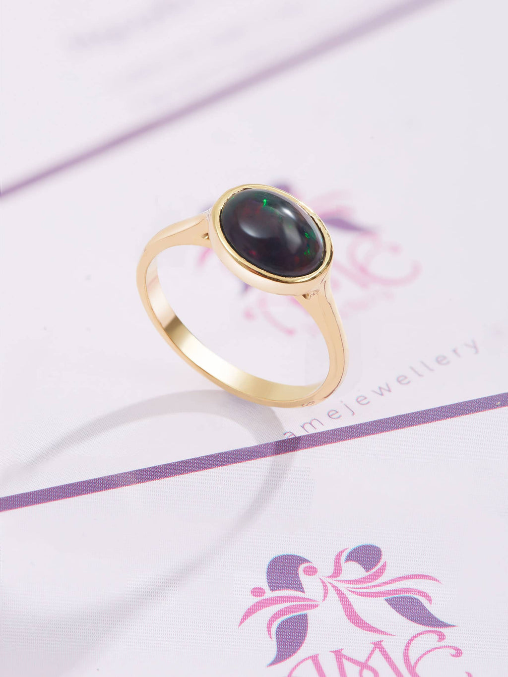 Nhẫn Vàng Đá quý tự nhiên Black Opal Bezel Ring in 14K Yellow Gold | AME Jewellery