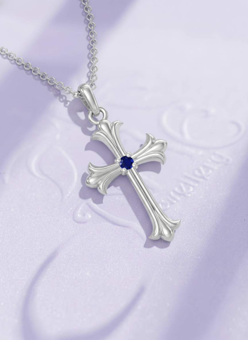 Mặt dây chuyền Thánh Giá Vàng trắng Đá quý tự nhiên Blue Sapphire Gothic Cross Pendant 14K White Gold by AME Jewellery