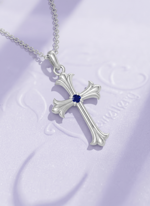 Mặt dây chuyền Thánh Giá Vàng trắng Đá quý tự nhiên Blue Sapphire Gothic Cross Pendant 14K White Gold by AME Jewellery