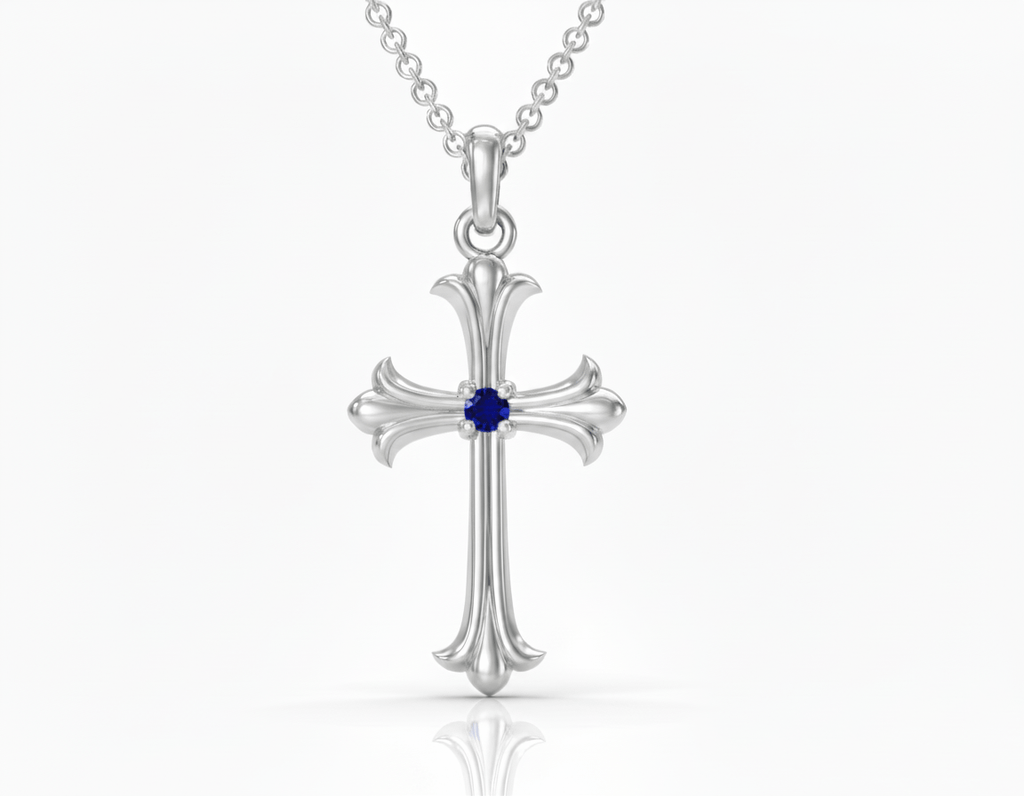 Mặt dây chuyền Thánh Giá Vàng trắng Đá quý tự nhiên Blue Sapphire Gothic Cross Pendant 14K White Gold by AME Jewellery
