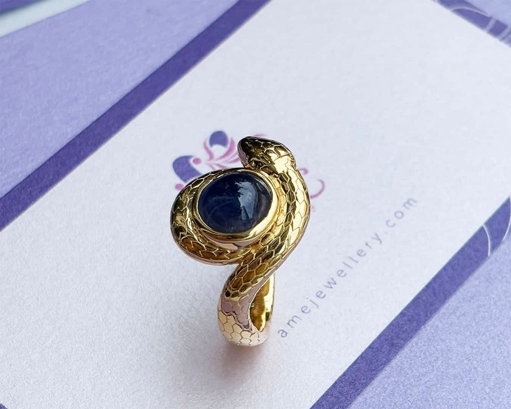 Nhẫn Rắn Vàng Đá quý tự nhiên Blue Sapphire Snake Ring in 14K Yellow Gold by AME Jewellery