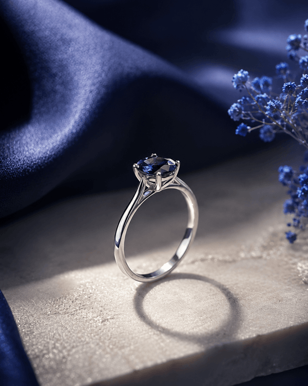 Natural Oval Blue Sapphire Ring in 10K White Gold by AME Jewellery.