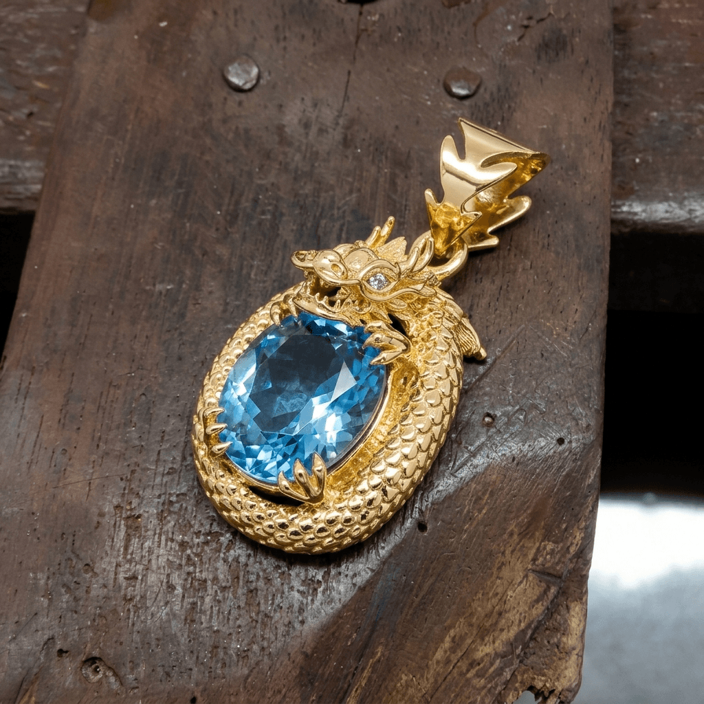 The oval Blue topaz Dragon Pendant in 14K Yellow Gold by AME Jewellery