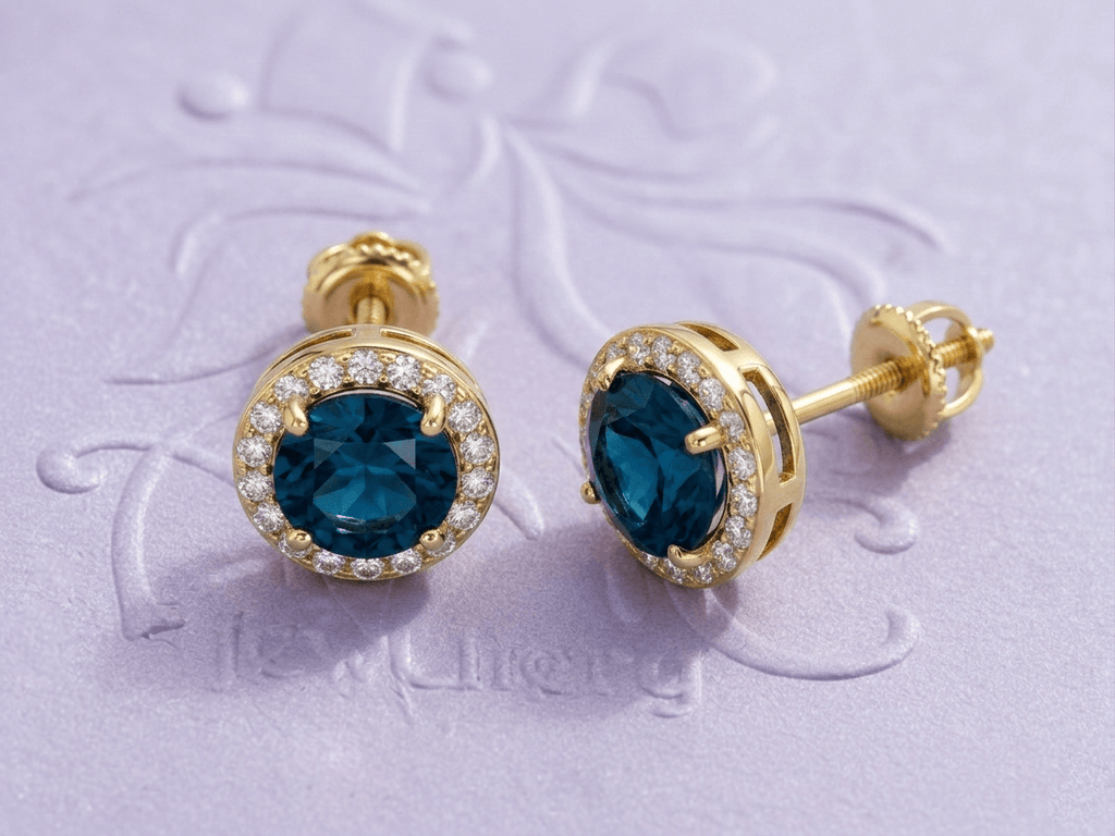 Boucles d'oreilles halo en or jaune 14K et topaze bleue de Londres naturelle - AME Jewellery