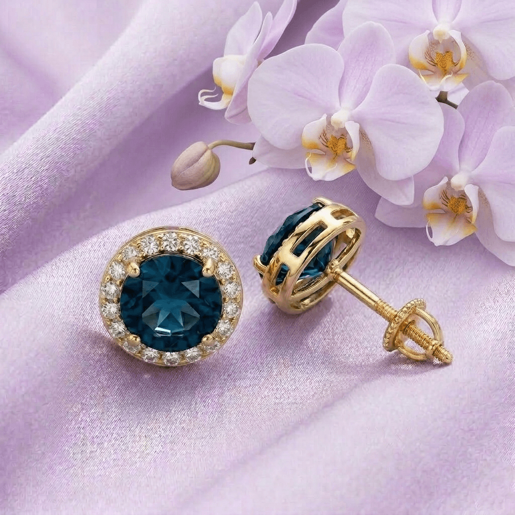 Natural London Blue Topaz Halo Earrings in 14K Yellow Gold - AME Jewellery