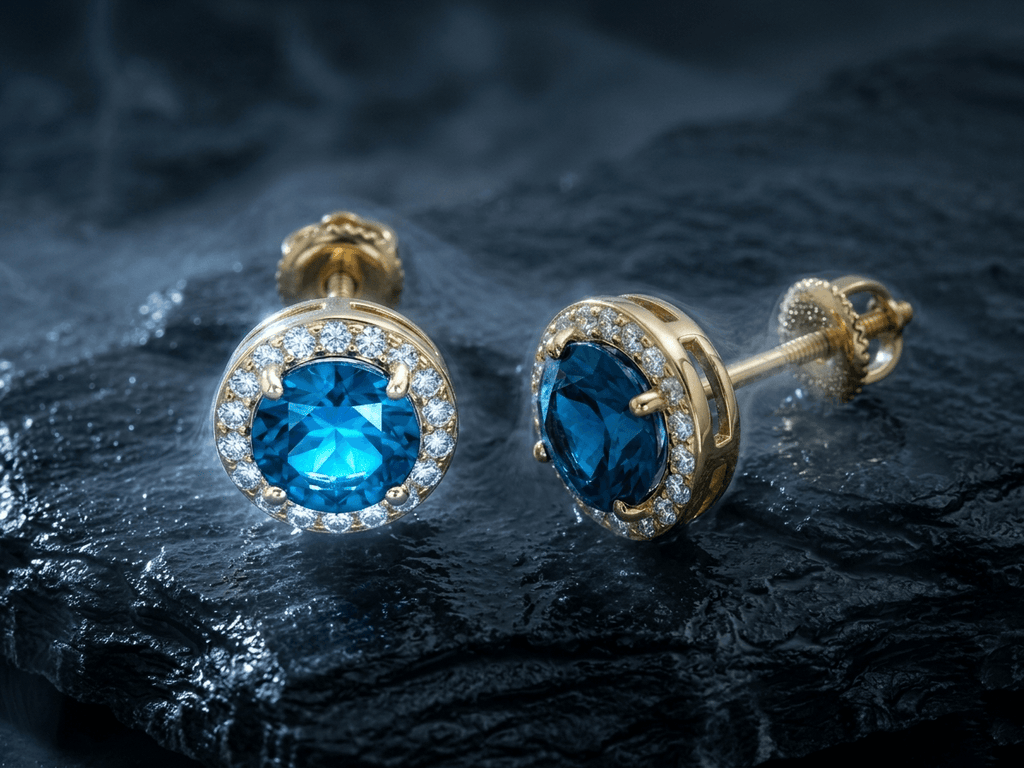 Natural London Blue Topaz Halo Earrings in 14K Yellow Gold - AME Jewellery