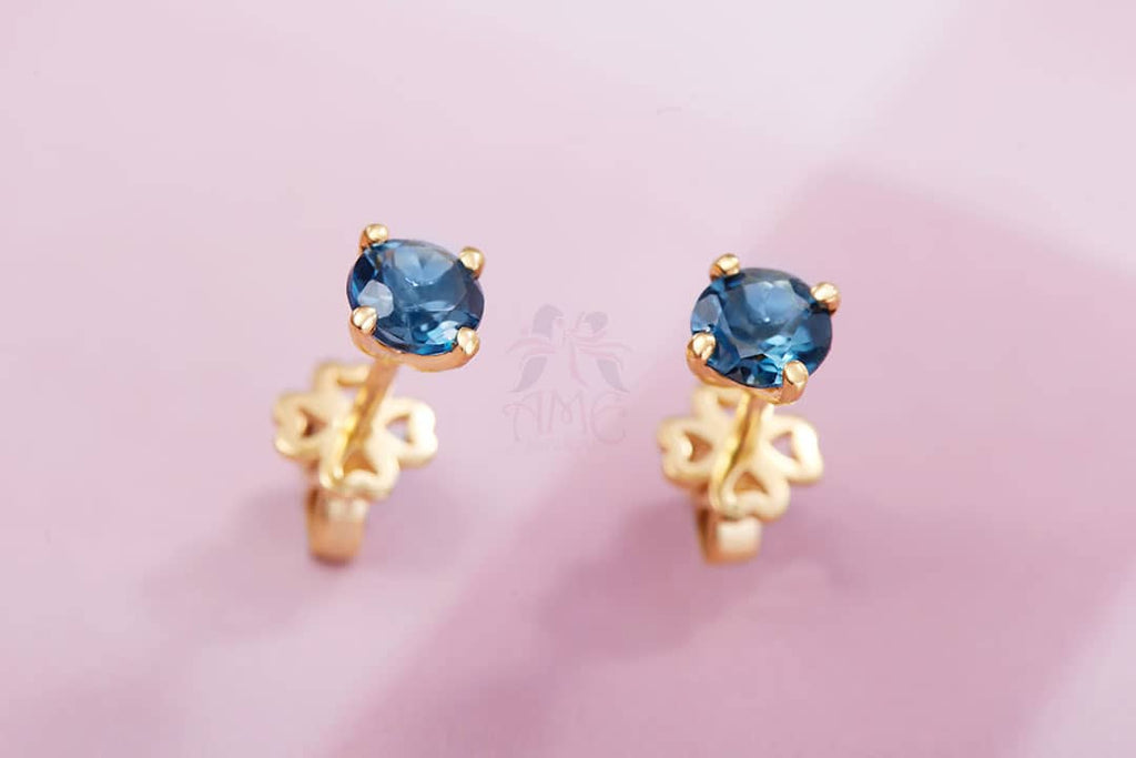 Bông tai Vàng Đá quý thiên nhiên London Blue Topaz 4-Prong Earrings 14K Yellow Gold | AME Jewellery