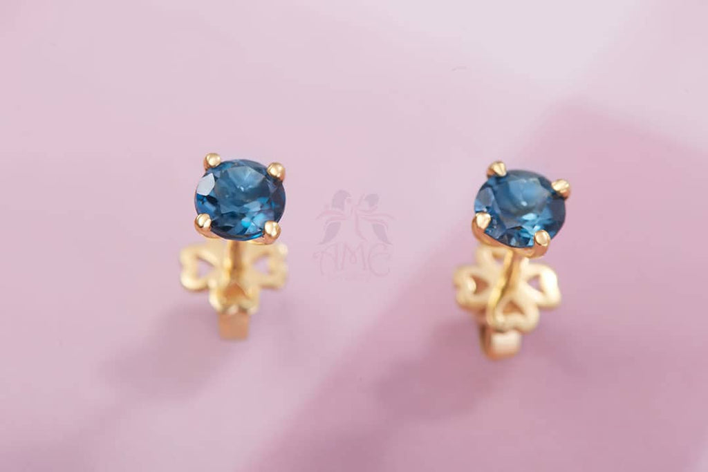 Bông tai Vàng Đá quý thiên nhiên London Blue Topaz 4-Prong Earrings 14K Yellow Gold | AME Jewellery