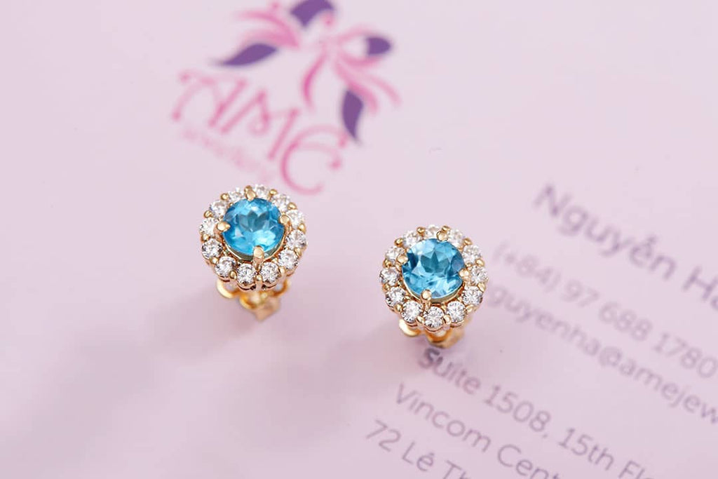 Bông tai Vàng Đá quý tự nhiên Blue Topaz Halo Earrings 14K Yellow Gold | AME Jewellery