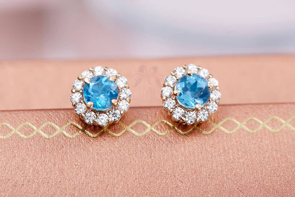 Bông tai Vàng Đá quý tự nhiên Blue Topaz Halo Earrings 14K Yellow Gold | AME Jewellery