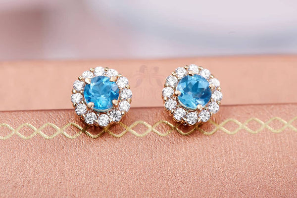 Natural Blue Topaz Halo Earrings 14K Yellow Gold | AME Jewellery