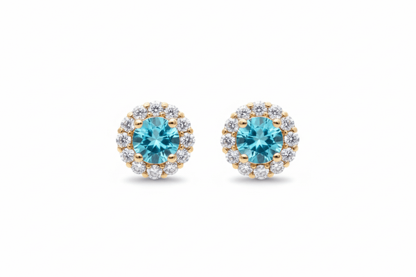 Bông tai Vàng Đá quý tự nhiên Blue Topaz Halo Earrings 14K Yellow Gold | AME Jewellery