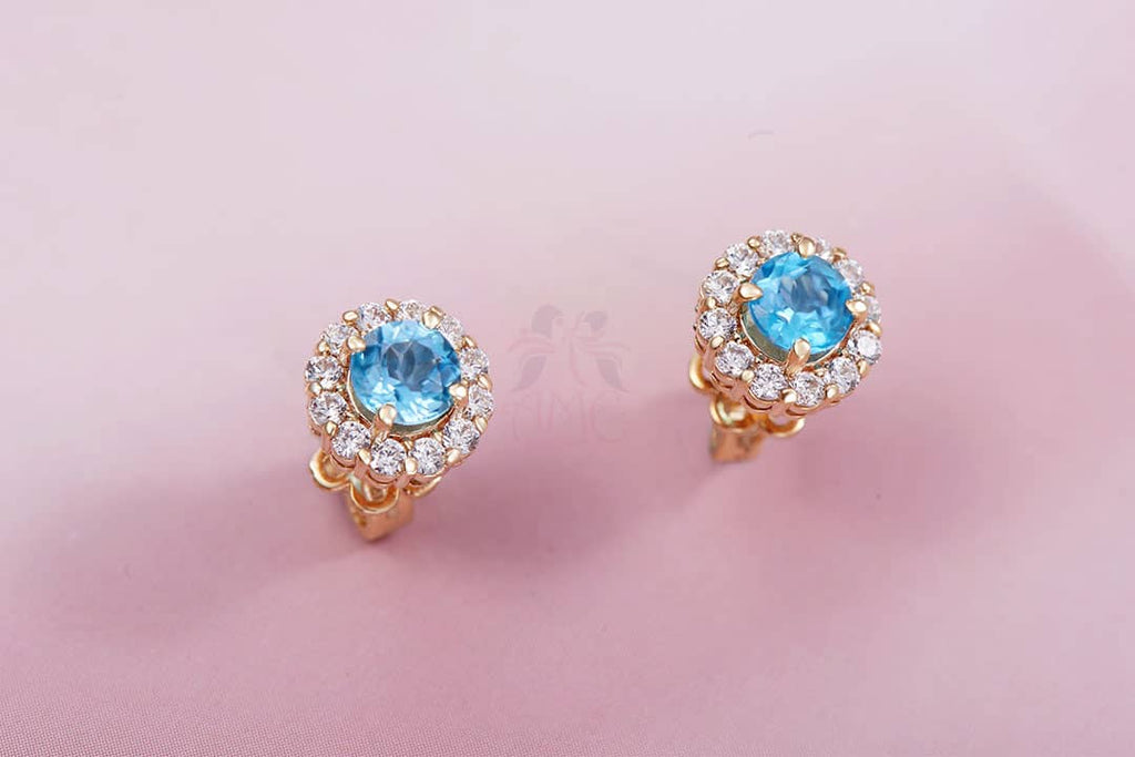 Bông tai Vàng Đá quý tự nhiên Blue Topaz Halo Earrings 14K Yellow Gold | AME Jewellery