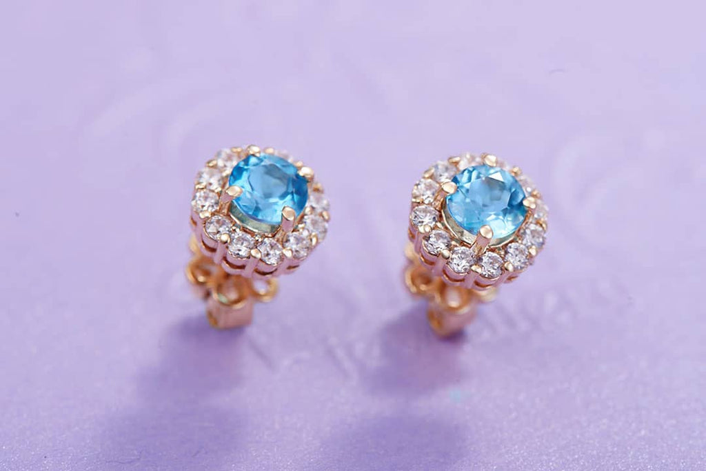 Bông tai Vàng Đá quý tự nhiên Blue Topaz Halo Earrings 14K Yellow Gold | AME Jewellery