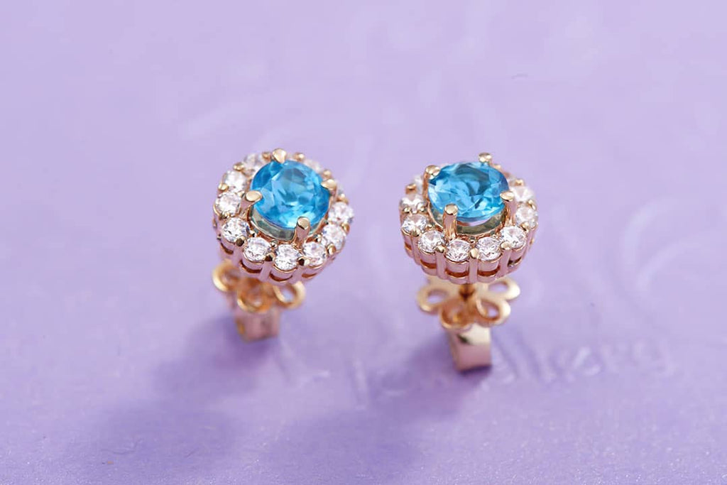 Bông tai Vàng Đá quý tự nhiên Blue Topaz Halo Earrings 14K Yellow Gold | AME Jewellery