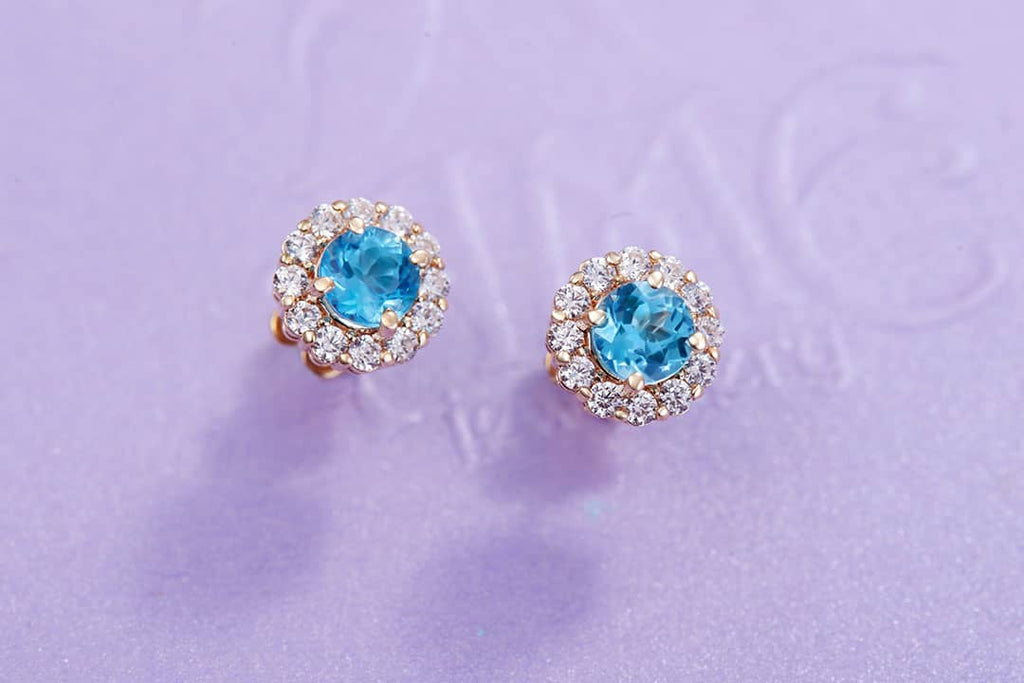 Bông tai Vàng Đá quý tự nhiên Blue Topaz Halo Earrings 14K Yellow Gold | AME Jewellery