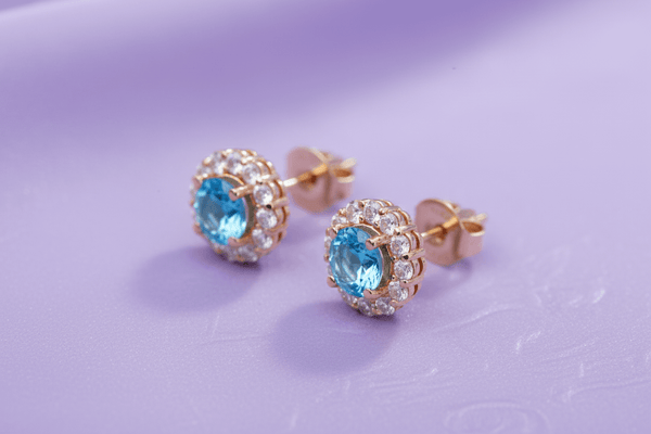 Bông tai Vàng Đá quý tự nhiên Blue Topaz Halo Earrings 14K Yellow Gold | AME Jewellery