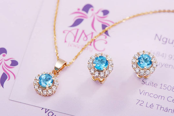 Blue Topaz Two-Piece Halo Jewelry Set 14K Yellow Gold | AME Jewellery
