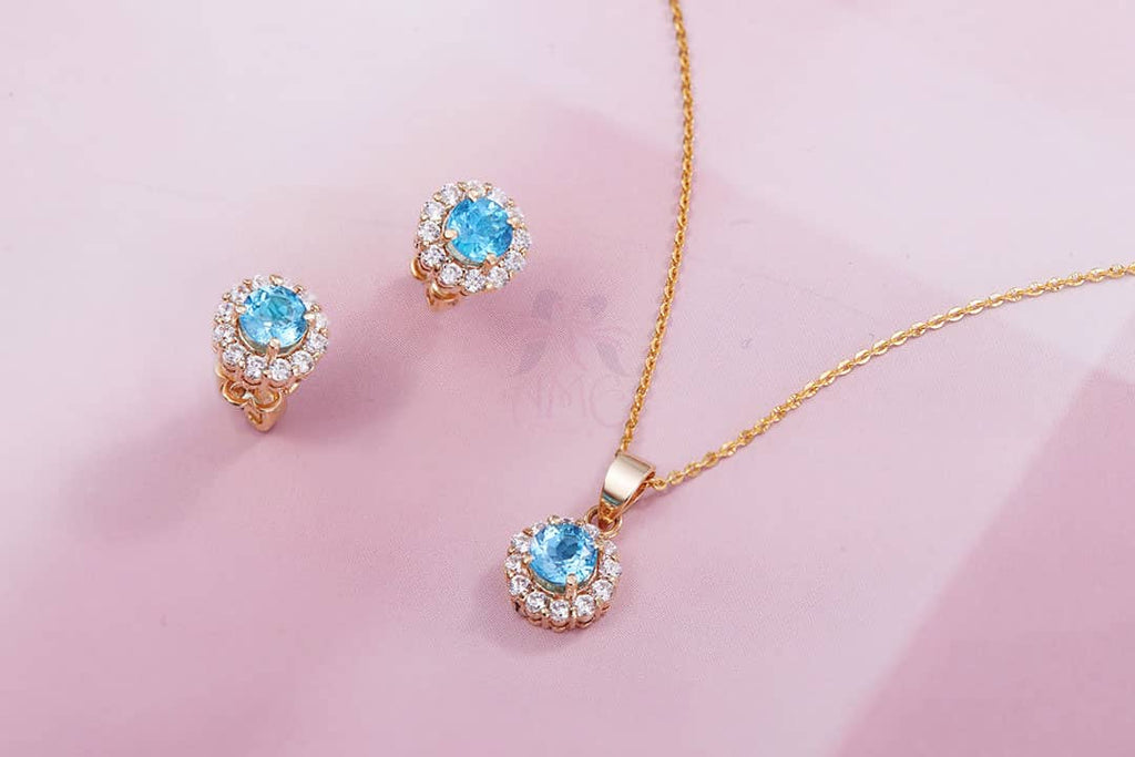 Trang sức Vàng Đá quý tự nhiên Blue Topaz Two-Piece Halo Jewelry Set 14K Yellow Gold | AME Jewellery