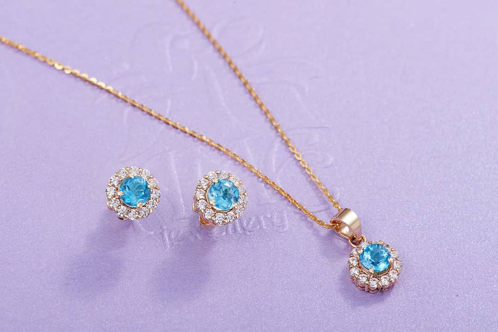 Trang sức Vàng Đá quý tự nhiên Blue Topaz Two-Piece Halo Jewelry Set 14K Yellow Gold | AME Jewellery