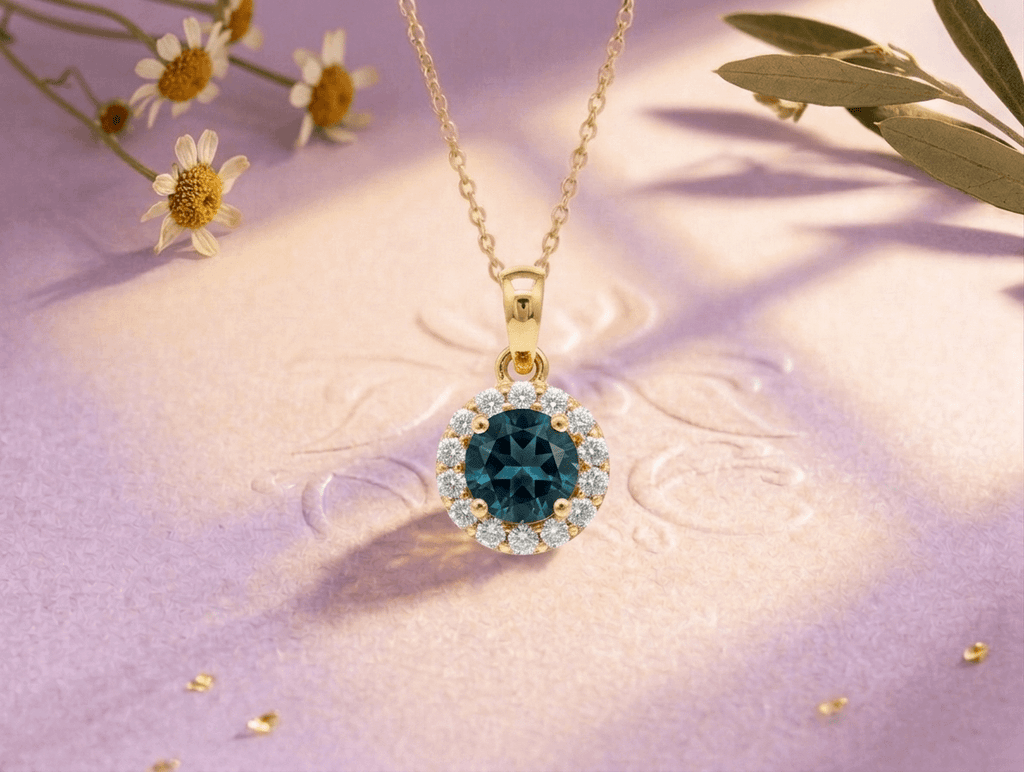 Mặt dây chuyền vàng đá quý tự nhiên Natural London Blue Topaz Halo Pendant Necklace in 14K Yellow Gold by AME Jewellery