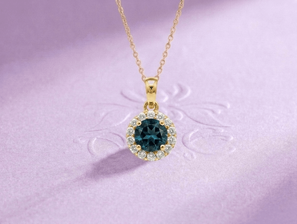 Mặt dây chuyền vàng đá quý tự nhiên Natural London Blue Topaz Halo Pendant Necklace in 14K Yellow Gold by AME Jewellery