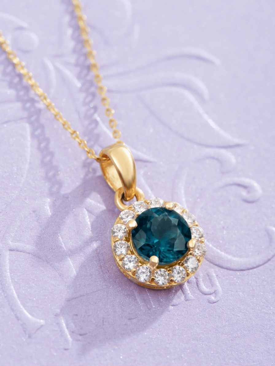 Mặt dây chuyền vàng đá quý tự nhiên Natural London Blue Topaz Halo Pendant Necklace in 14K Yellow Gold by AME Jewellery