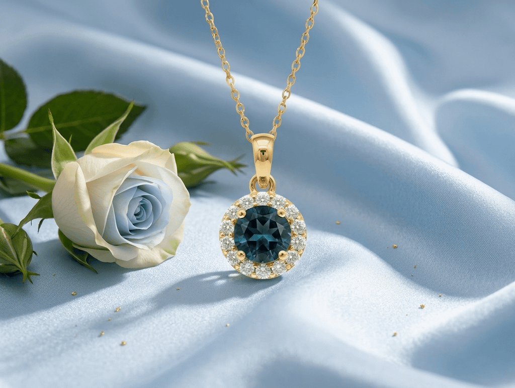 Mặt dây chuyền vàng đá quý tự nhiên Natural London Blue Topaz Halo Pendant Necklace in 14K Yellow Gold by AME Jewellery