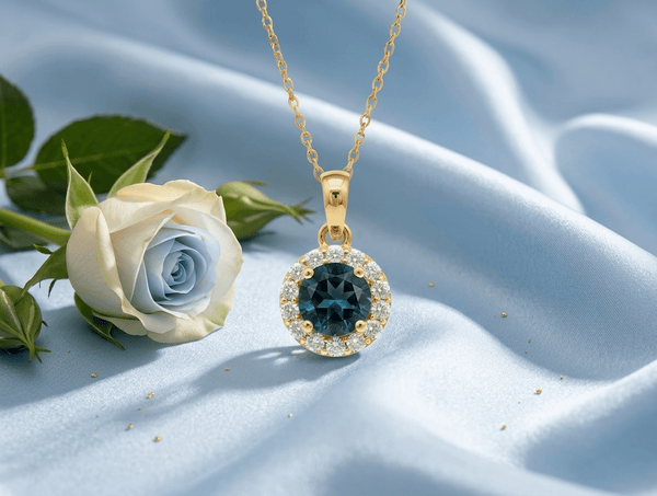 Mặt dây chuyền vàng đá quý tự nhiên Natural London Blue Topaz Halo Pendant Necklace in 14K Yellow Gold by AME Jewellery