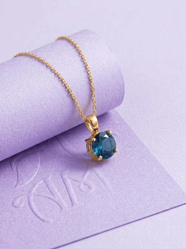 Natural London Blue Topaz Pendant Necklace in 14K Yellow Gold by AME Jewellery. 