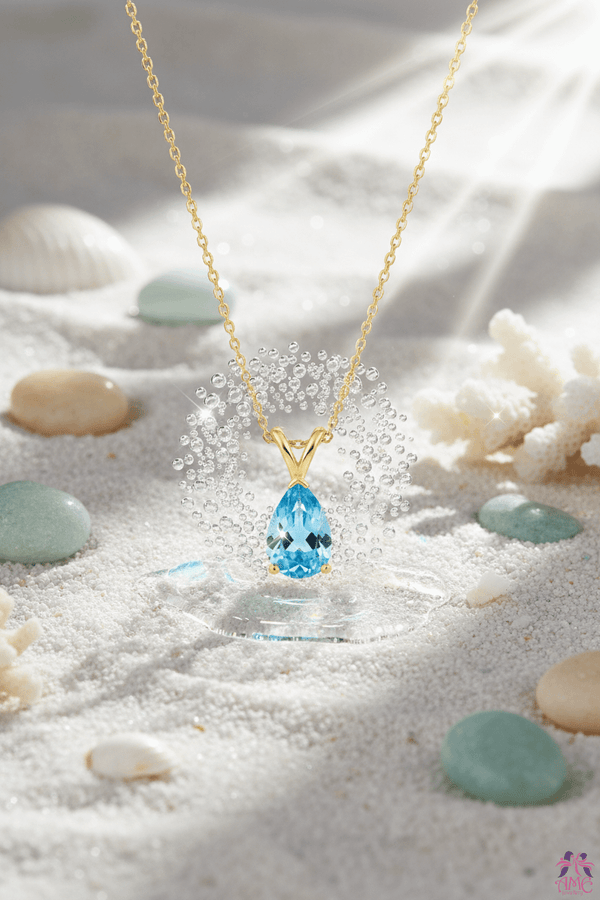 Mặt dây chuyền Vàng Đá quý thiên nhiên Pear Blue Topaz Pendant Necklace in 14K Yellow Gold by AME Jewellery