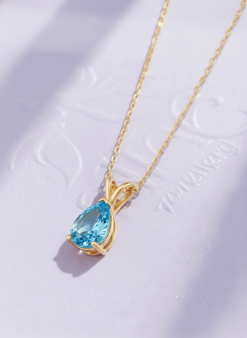 Mặt dây chuyền Vàng Đá quý thiên nhiên Pear Blue Topaz Pendant Necklace in 14K Yellow Gold by AME Jewellery