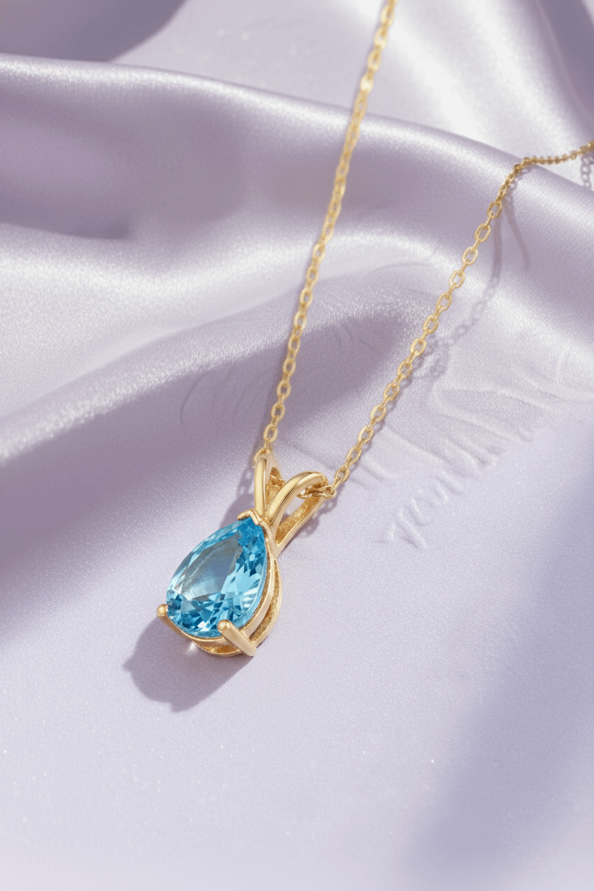 Mặt dây chuyền Vàng Đá quý thiên nhiên Pear Blue Topaz Pendant Necklace in 14K Yellow Gold by AME Jewellery