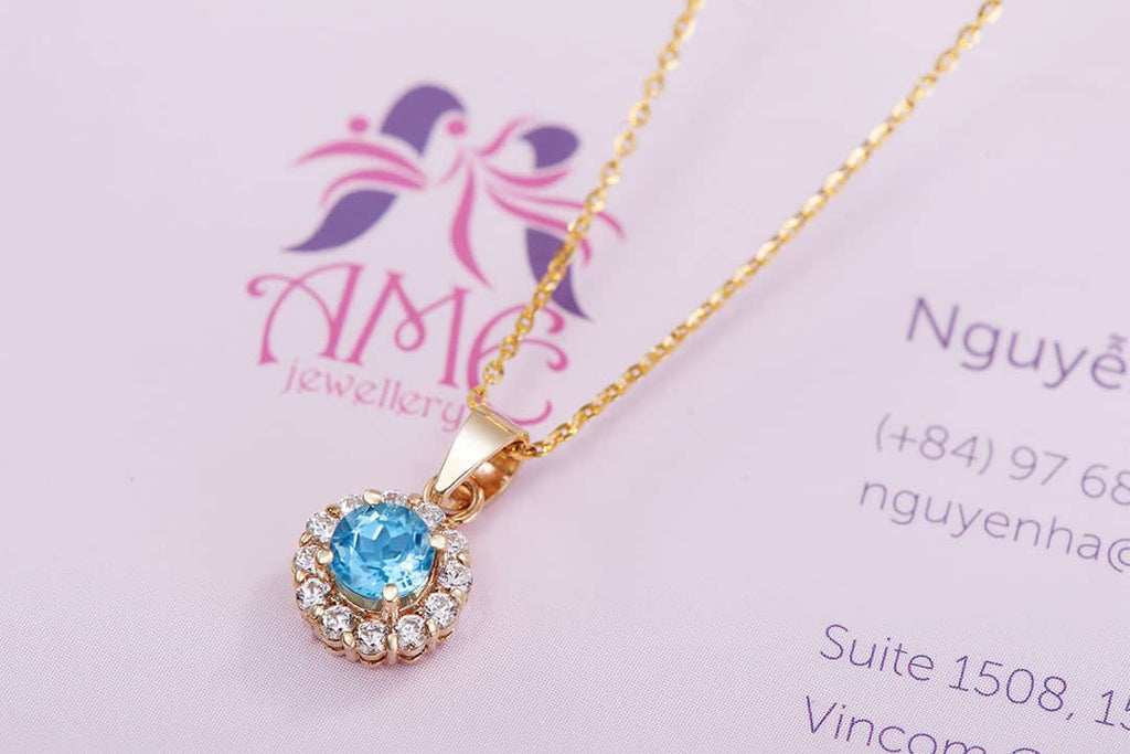 Mặt dây chuyền Vàng Đá quý tự nhiên Blue Topaz Halo Pendant in 14K Yellow Gold by AME Jewellery