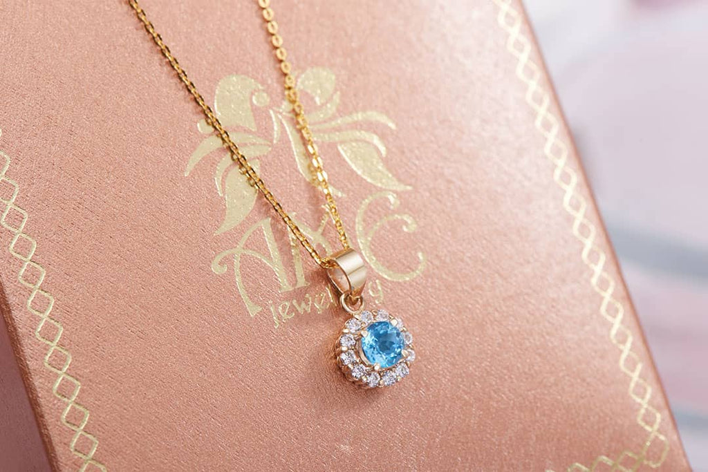 Mặt dây chuyền Vàng Đá quý tự nhiên Blue Topaz Halo Pendant in 14K Yellow Gold by AME Jewellery