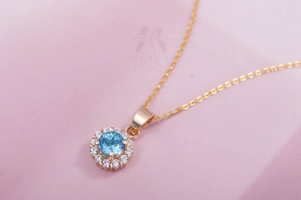 Mặt dây chuyền Vàng Đá quý tự nhiên Blue Topaz Halo Pendant in 14K Yellow Gold by AME Jewellery