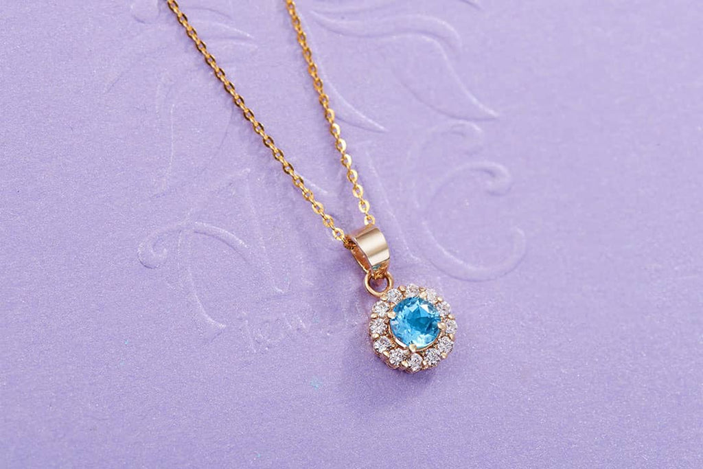 Mặt dây chuyền Vàng Đá quý tự nhiên Blue Topaz Halo Pendant in 14K Yellow Gold by AME Jewellery