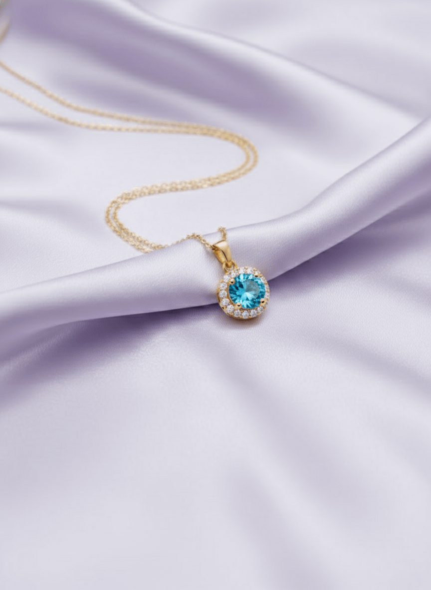 Mặt dây chuyền Vàng Đá quý tự nhiên Blue Topaz Halo Pendant in 14K Yellow Gold by AME Jewellery