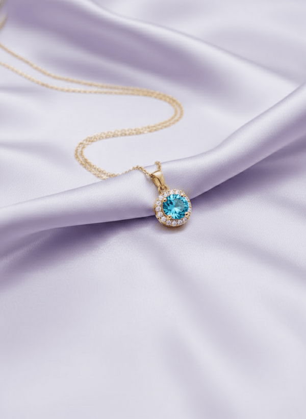 Mặt dây chuyền Vàng Đá quý tự nhiên Blue Topaz Halo Pendant in 14K Yellow Gold by AME Jewellery