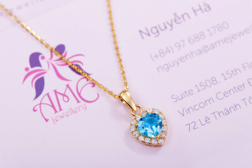 Mặt dây chuyền Vàng Đá quý tự nhiên Blue Topaz Halo Heart Pendant in 14K Yellow Gold by AME Jewellery